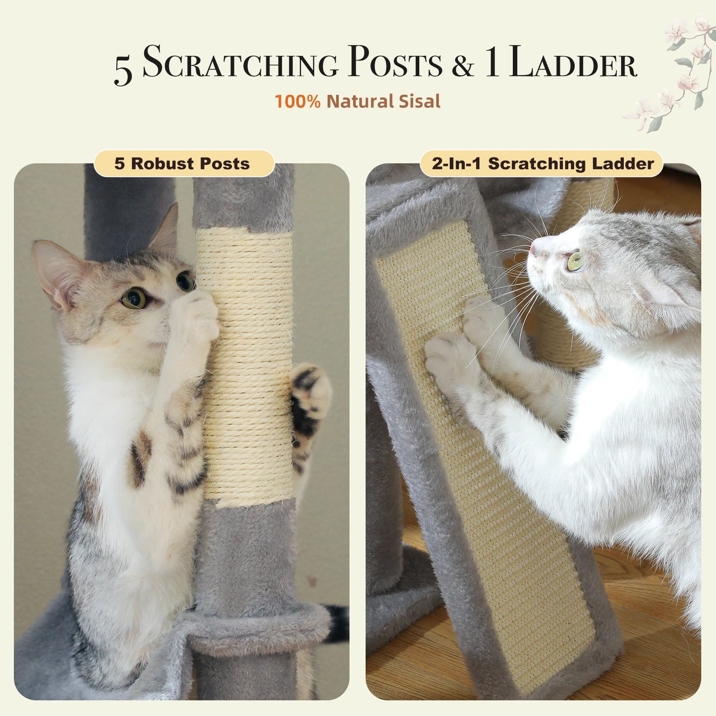 Cactus Cat Tree Floor to Ceiling, Cat Tower 7 Tiers, Cat Climbing Tree with Cozy Hammocks and Condos 5 Platforms, Scratching Posts