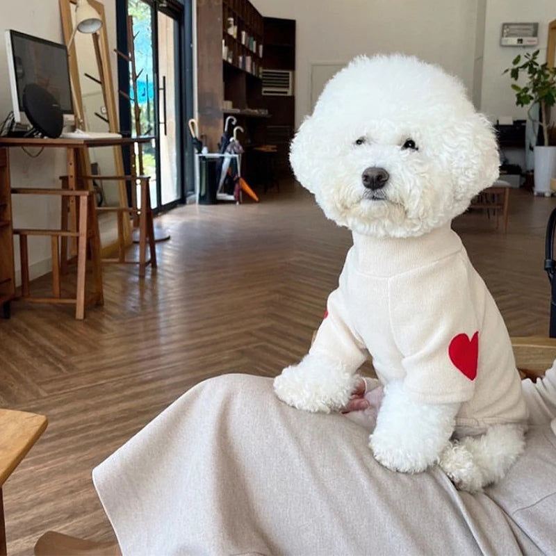 Winter Dog Shirt Heart-shaped Patch, Embroidery Sweatshirt, Chihuahua Breathable Warm Shirt, Puppy Outdoor Clothes