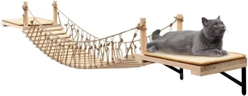 Wall-Mounted Cat Roped Bridge Long for Indoor Cats, Cat Wall Shelves for Sleeping, Playing, Climbing, Wooden Cats Bed and
