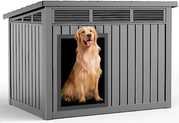 Large Weatherproof Dog House with Removable Roof, Outdoor Indoor Kennel for Small to Large Dogs (Gray, 42.87x32.95x31.61")