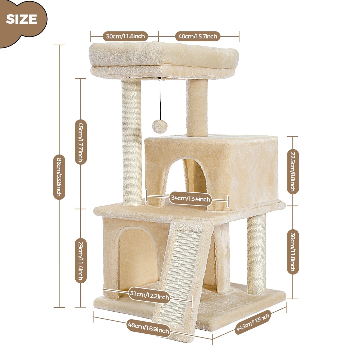 Small Cat Tree Tower with Scratching Pad, Two Large Condos, Cat Scratching Post for Indoor, Kitten House Bed, Cat Accessories