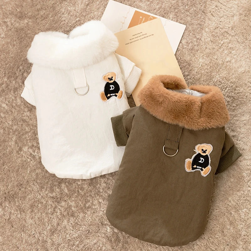 Winter Dog Clothes Luxury Bear Print Fur Collar Windproof Jacket, Chihuahua, Yorkies ,Warm Coat Puppy Outfit ,Clothing Pet Costume