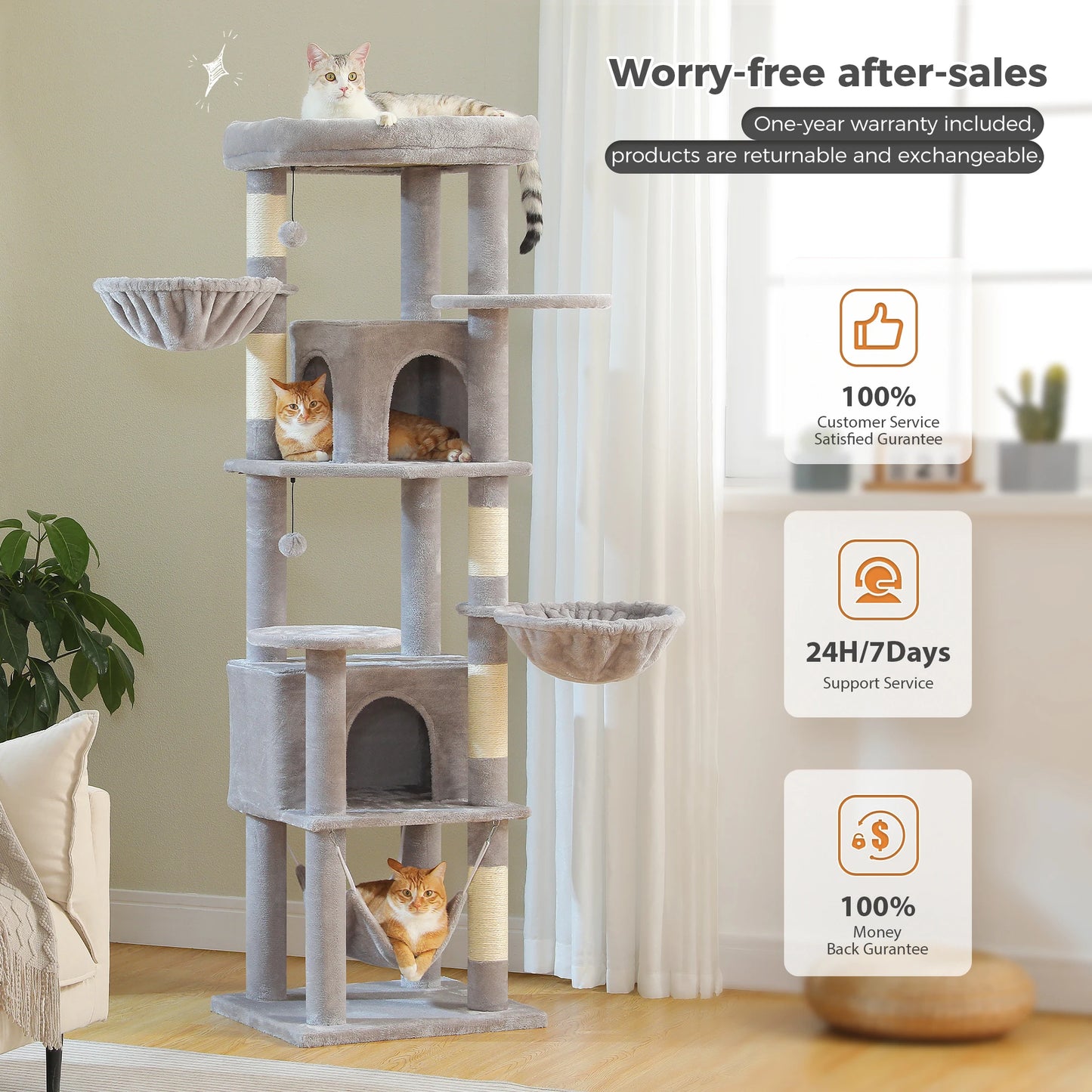 Tall Cat Tree with Scratching Posts Cozy Hammock Top Perch Multi-Level Large Cat Tower Spacious Cat Condo for Indoor Cat Toys