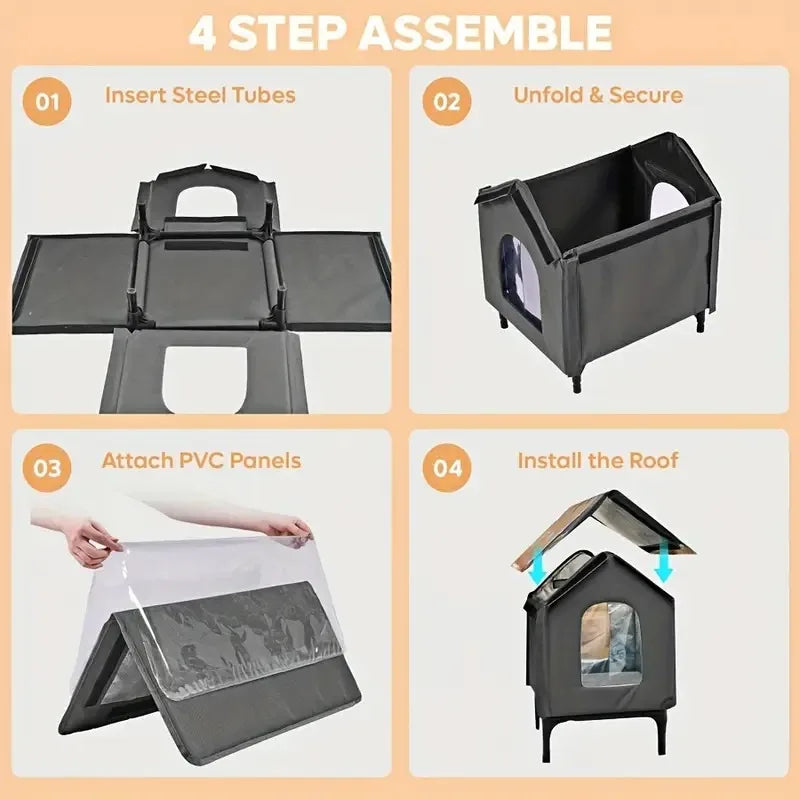 Large Outdoor Insulated Cat & Dog House -Winter Warm Elevated Shelter with Curtain Roof, Sturdy Zipper-Access Door & Stable Base