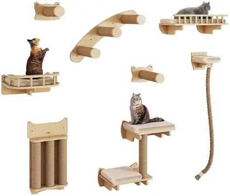 Cat ClimWall Set Made of Natural Wood, 8 Pcs Sturdy Furniture with Scratching Posts, Kitten Platform, 100CM Sisal Rope and