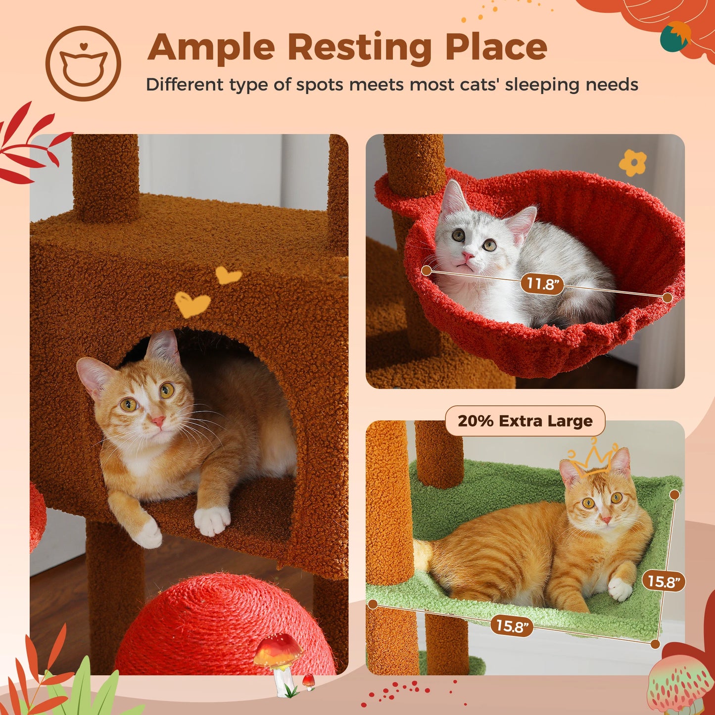 Cat Tree, Floor to Ceiling Cat Tower, Adjustable Height with Cat Condo,, Cozy Hammock and Scratching Post,,Tall Activity Tree Brown