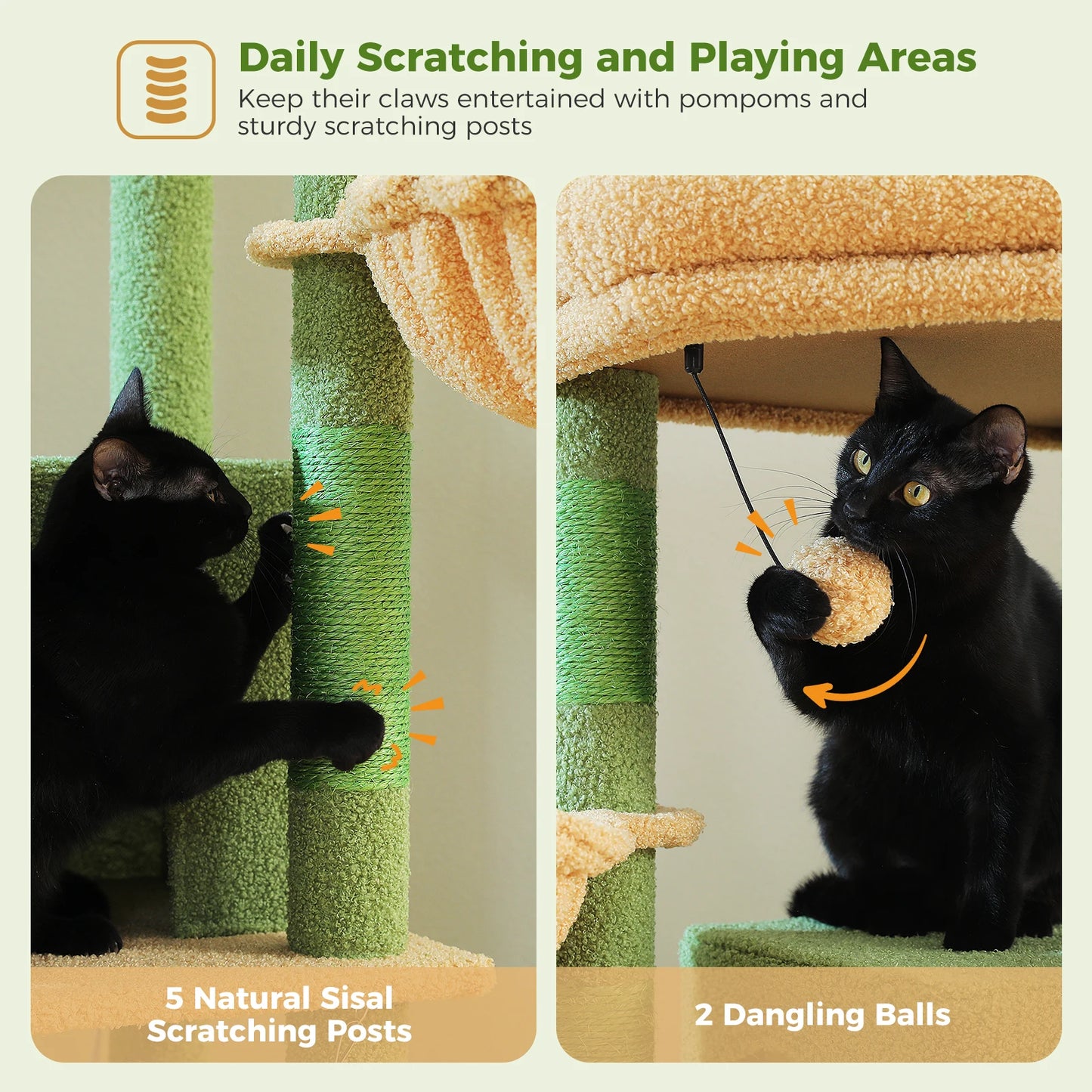 Tall Cat Tree with Scratching Posts Cozy Hammock Top Perch Multi-Level Large Cat Tower Spacious Cat Condo for Indoor Cat Toys