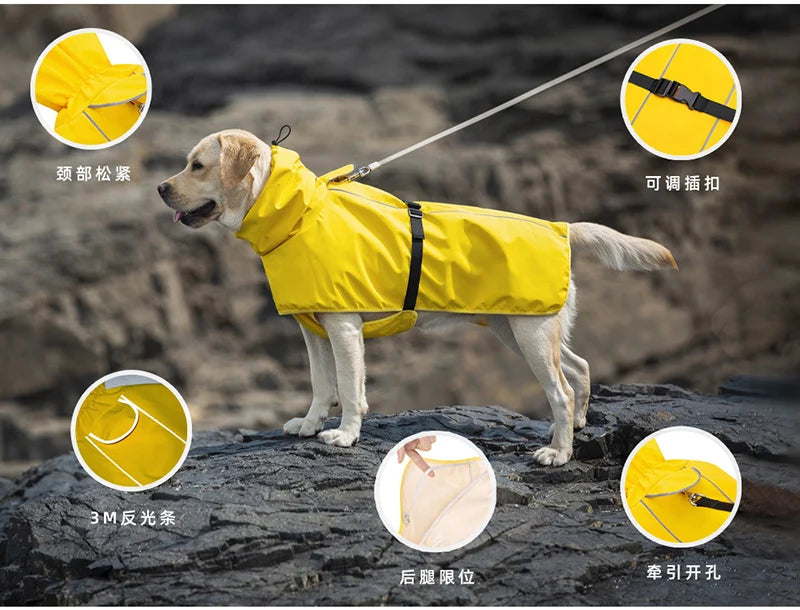 Reflective Dog Raincoat with Adjust Hood, Pet Poncho Body Coverage ,Turtleneck Waterproof Dog Rain Jacket for Medium Large Dogs