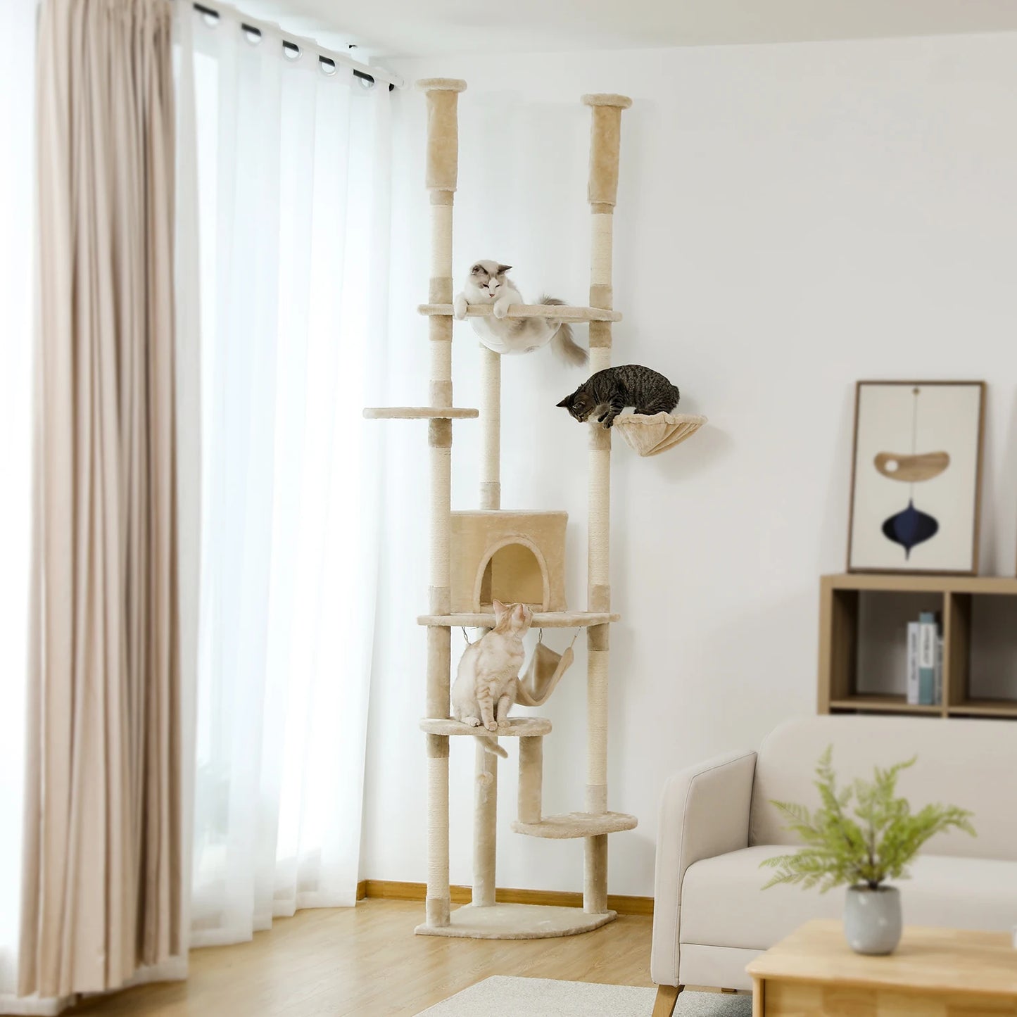 Floor to Ceiling Cat Tree Adjustable, Cat Tower Tall Kitty Climbing Play House with Scratching Posts, Cozy Condo Perches, Hammock