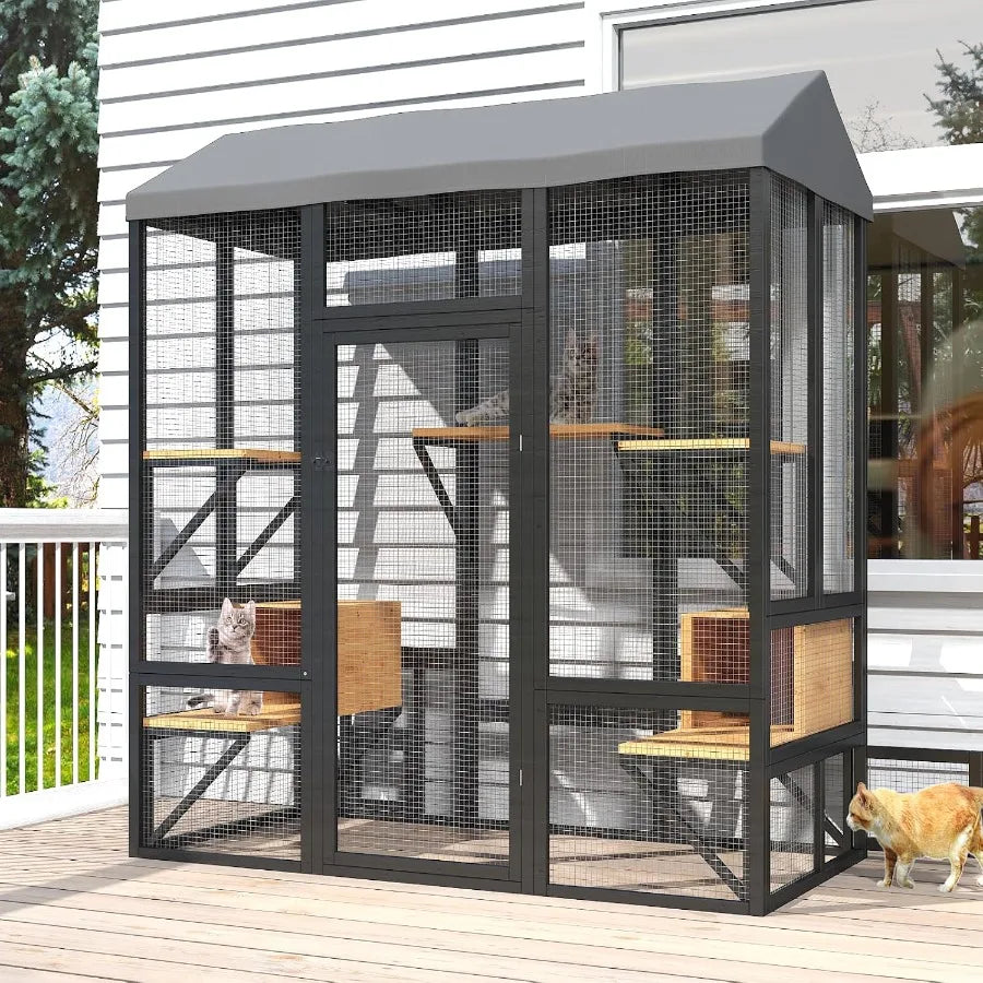 Large Outdoor Cat Enclosure for Multiple Cats with Walk-In Access , Waterproof Cover and Sunlight-Reflective Roof Features 7 Plate