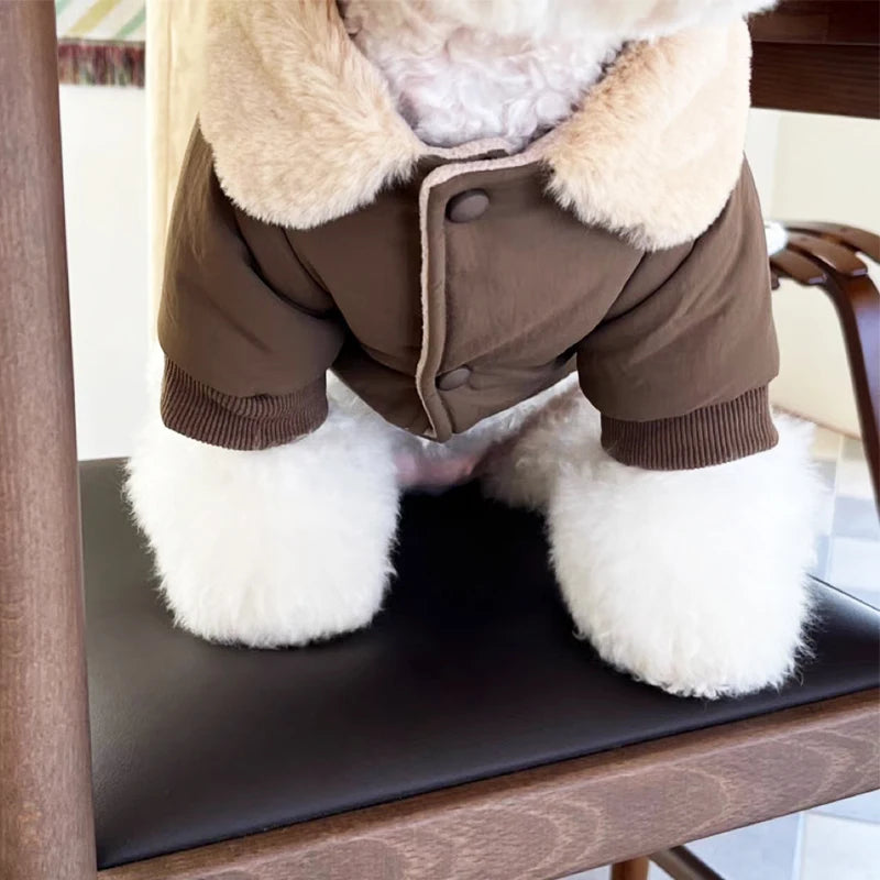 Winter Dog Clothes Luxury Bear Print Fur Collar Windproof Jacket, Chihuahua, Yorkies ,Warm Coat Puppy Outfit ,Clothing Pet Costume