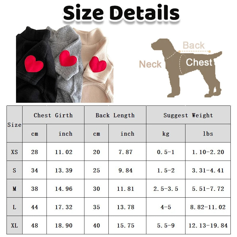 Winter Dog Shirt Heart-shaped Patch, Embroidery Sweatshirt, Chihuahua Breathable Warm Shirt, Puppy Outdoor Clothes
