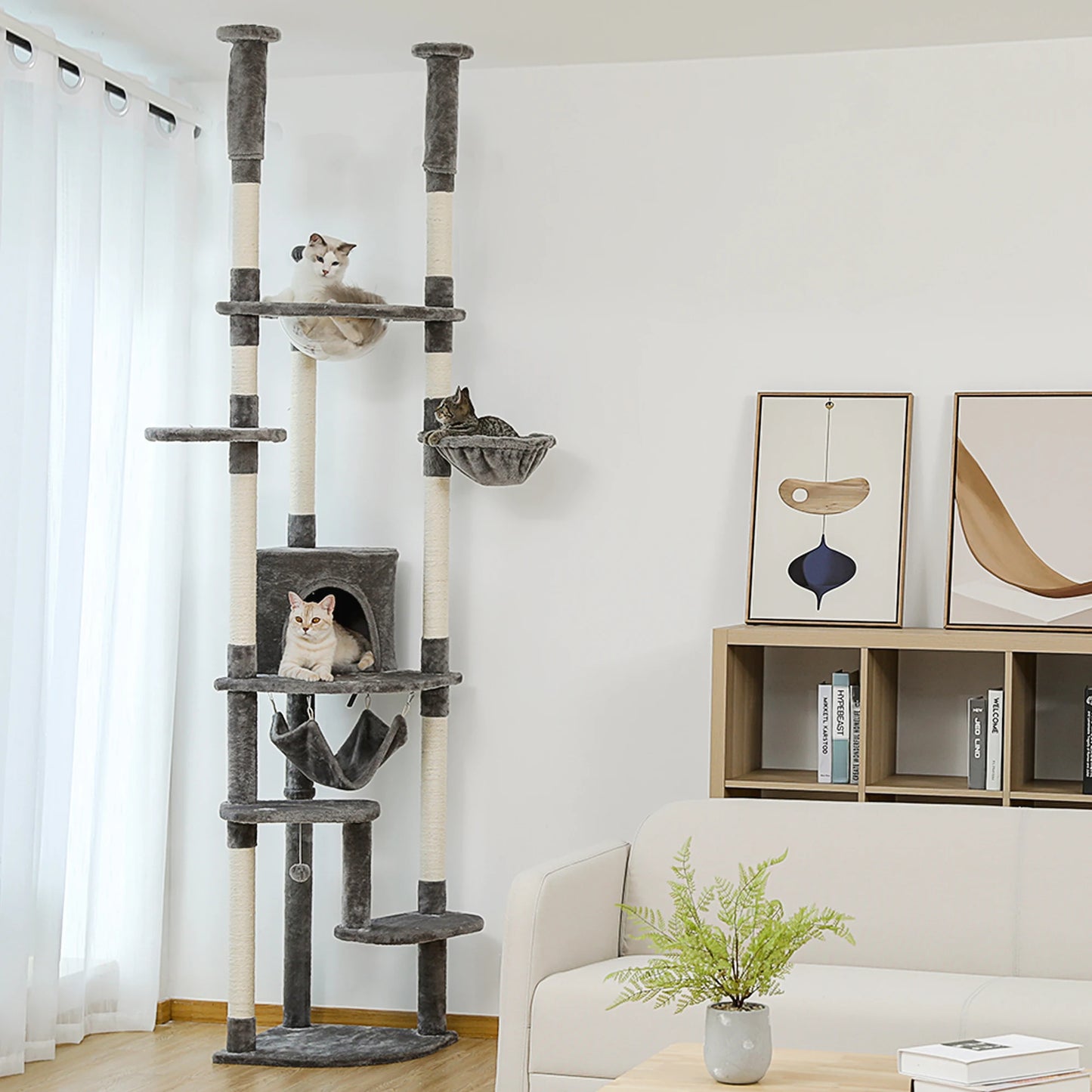 Floor to Ceiling Cat Tree Adjustable, Cat Tower Tall Kitty Climbing Play House with Scratching Posts, Cozy Condo Perches, Hammock