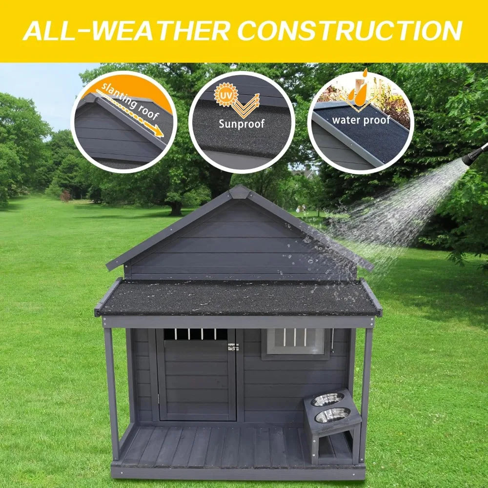 Dog House with Porch, Outdoor Indoor Wooden Doghouse with Dog Bowl, Door, Window, Removable Base Plate, Weatherproof Dog Kennel