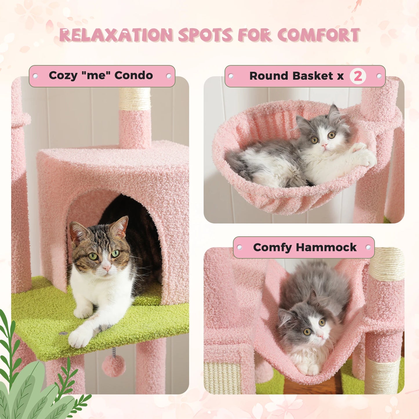 Cactus Cat Tree Floor to Ceiling, Cat Tower 7 Tiers, Cat Climbing Tree with Cozy Hammocks and Condos 5 Platforms, Scratching Posts