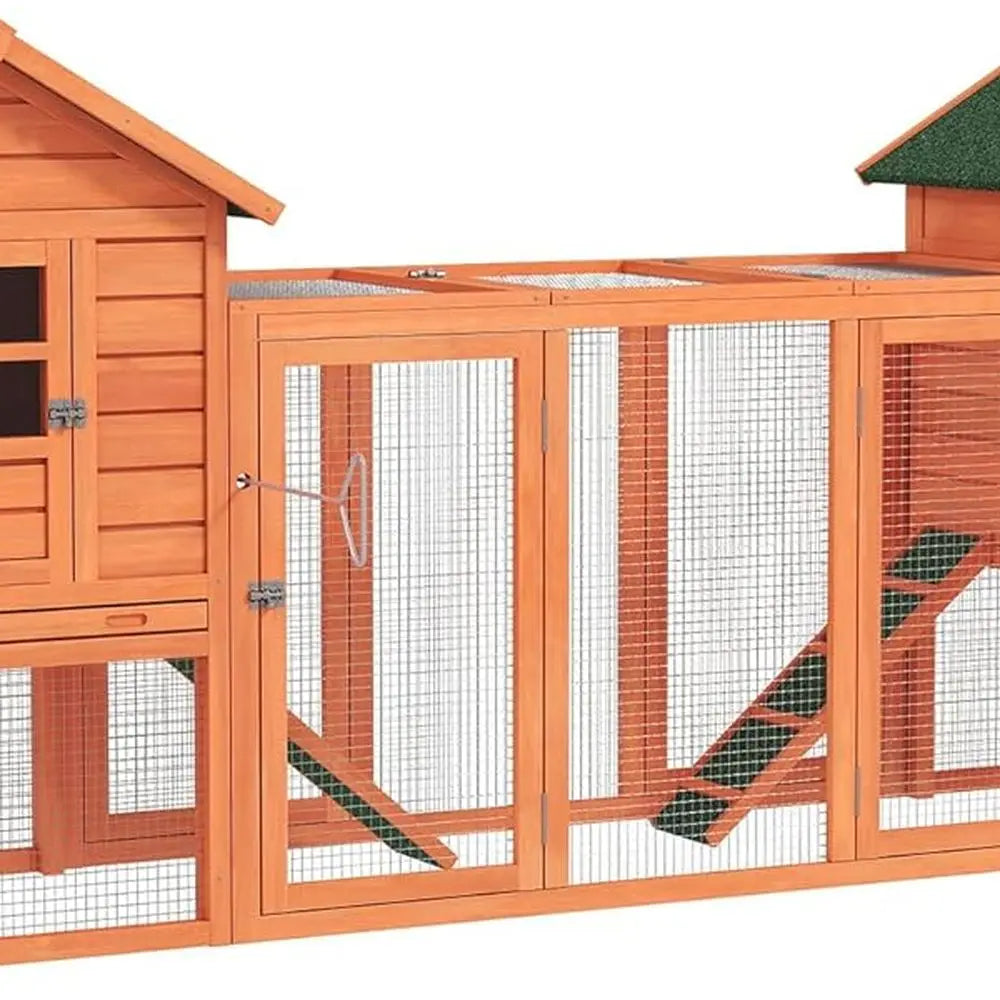 Wooden Chicken Coop, Large Dual-Deck  with Garden Bed, Nesting Boxes, Removable Trays, and Ramps for Backyard, 123L x 27.5W x 42.5