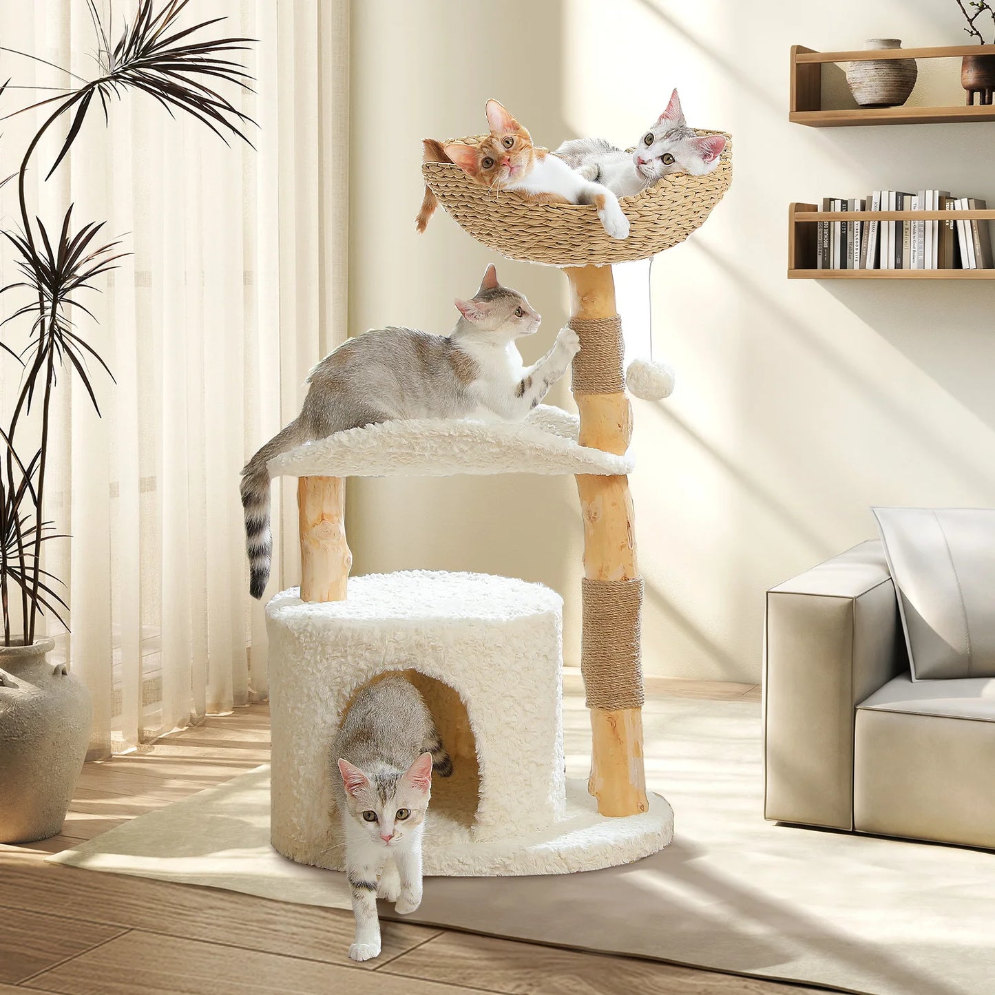 Solid Wood Cat Tree, Modern Cat Tower with Spacious Cat Condo, Flower Perches, Fun Pompom, Double Comfort Perfect for Indoor Kittens