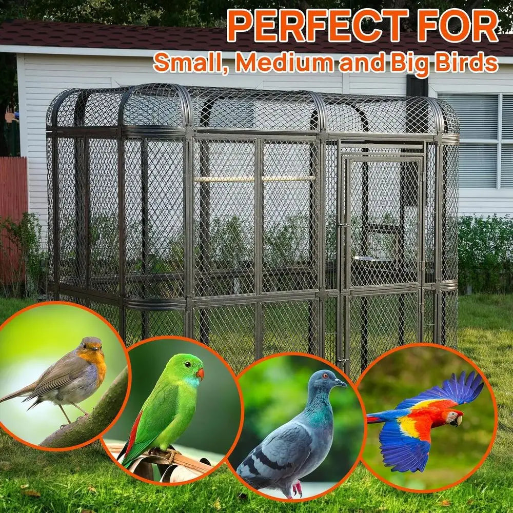 Outdoor Parrot Cage, 6.4x3.87x5.91ft, Silver, for Macaw, Budgie, Conure, Lovebird, Parakeet, Cockatiel. Heavy Duty