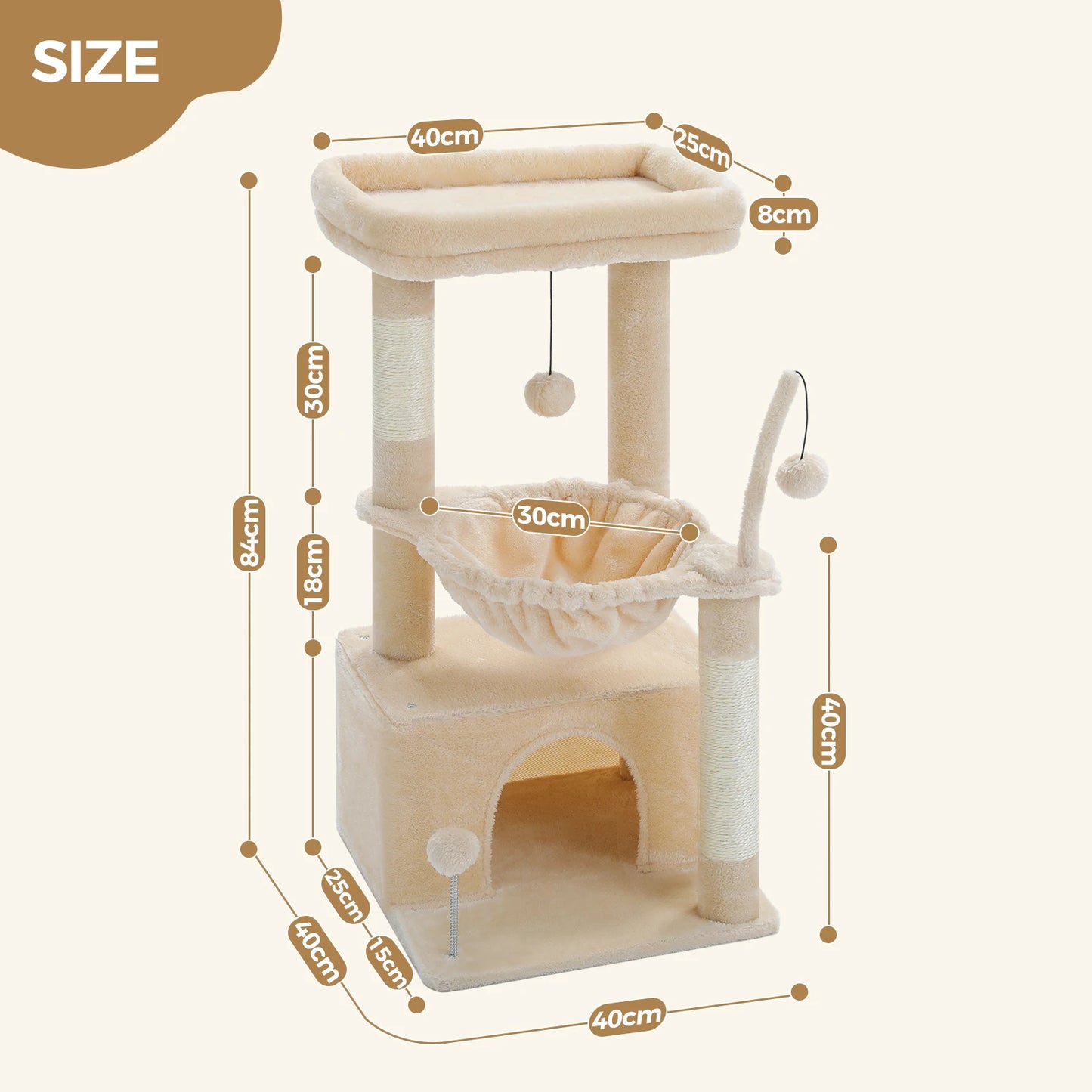 4-in-1 Cat Tree with Large Cat Condo, Sisal Scratching Post, Deep Hammock, Cozy Top Perch, Small Cat Tower for Indoor, Cat Toys