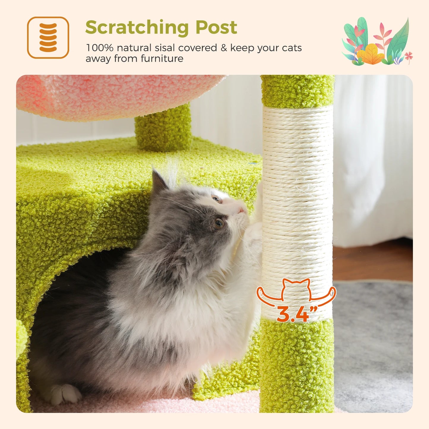 4-in-1 Cat Tree with Large Cat Condo, Sisal Scratching Post, Deep Hammock, Cozy Top Perch, Small Cat Tower for Indoor, Cat Toys