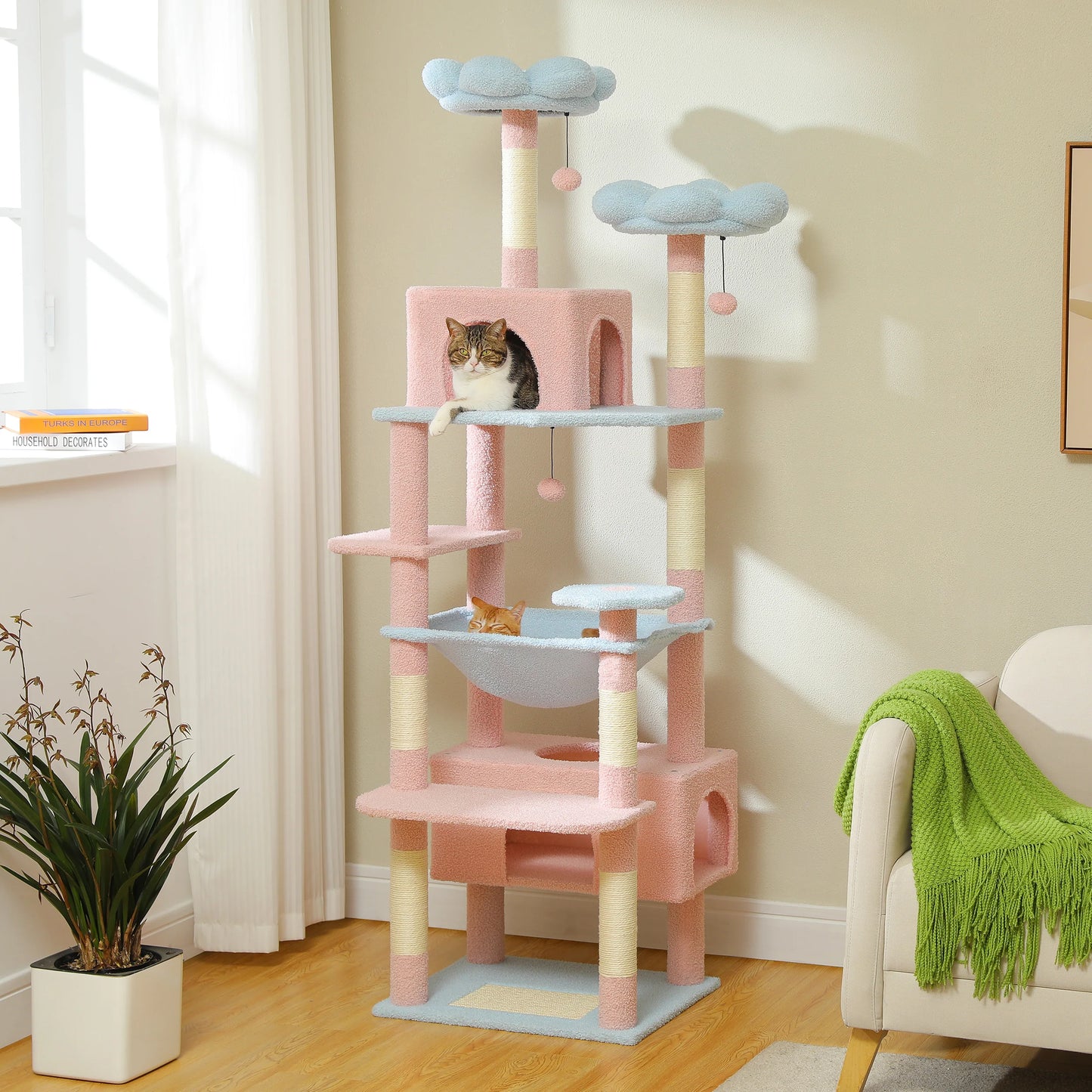 Multi-Level Cat Tree Tower with Scratching Posts &  Board , Hammock, Cat Condo, Spacious Top Perch,Dangling Balls for Indoor Cats