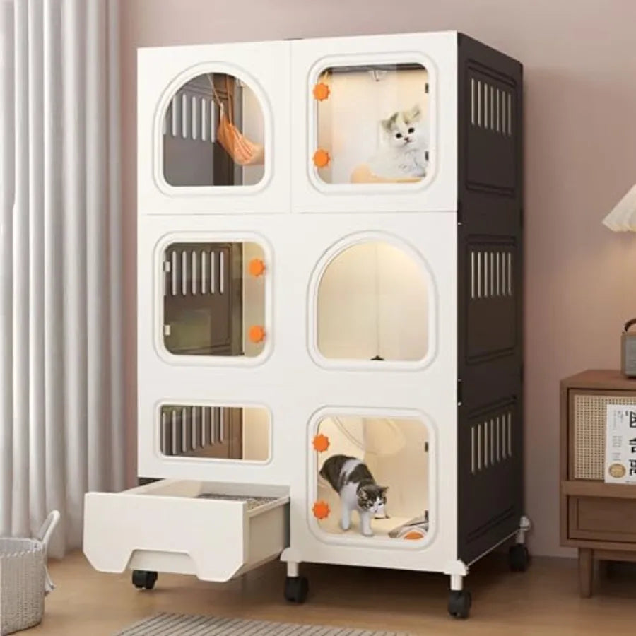 Large Cat Cage with Wheels for Balcony or Indoor Use, PVC Board Construction Easy to Clean Includes Litter Box Size B-71x46x110c