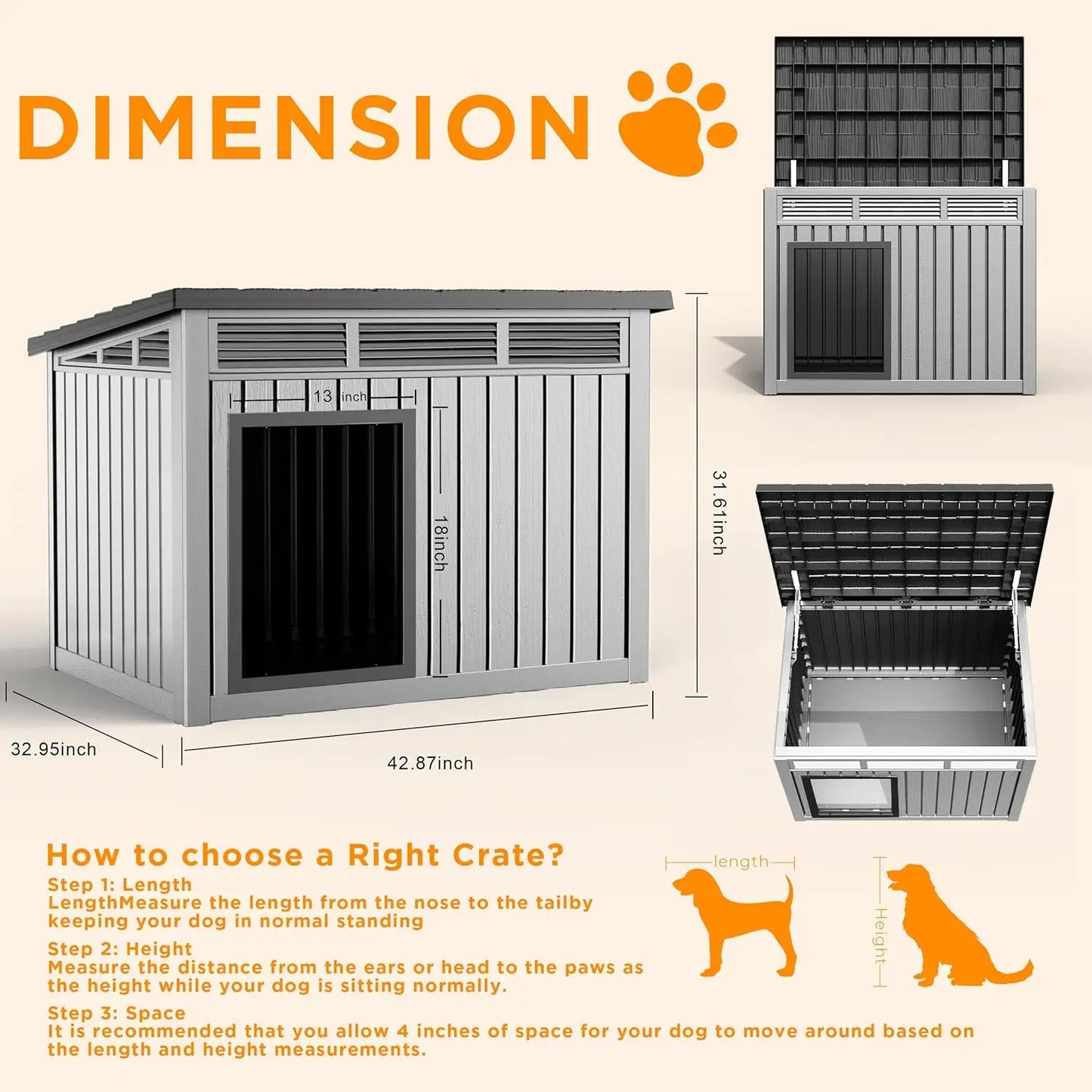 Large Weatherproof Dog House with Removable Roof, Outdoor Indoor Kennel for Small to Large Dogs (Gray, 42.87x32.95x31.61")