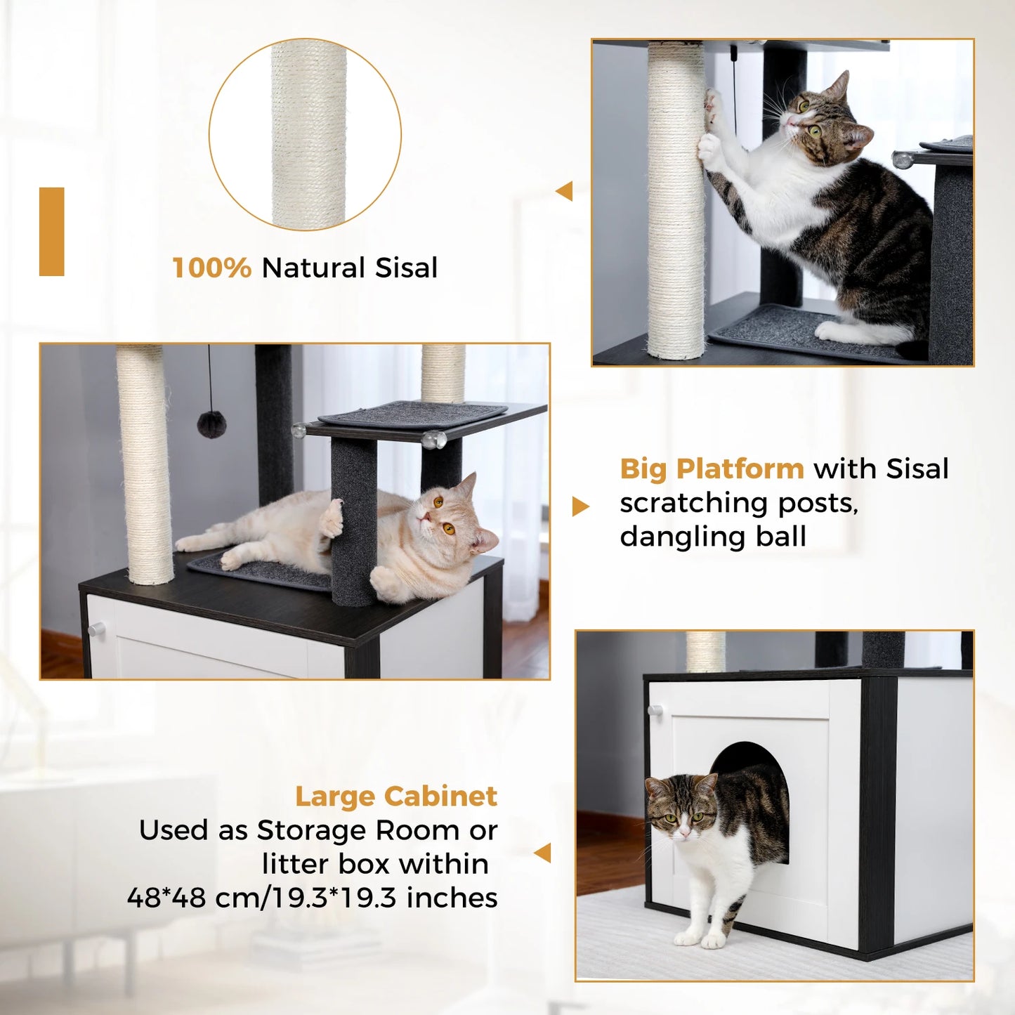 Multi-Level Cat Tree for Indoor Wood Cat , Tower with Scratching Posts Spacious Condo, Hammock Top Perch Cat Scratcher