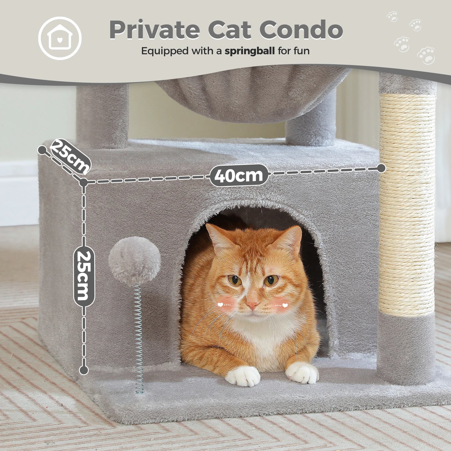 4-in-1 Cat Tree with Large Cat Condo, Sisal Scratching Post, Deep Hammock, Cozy Top Perch, Small Cat Tower for Indoor, Cat Toys