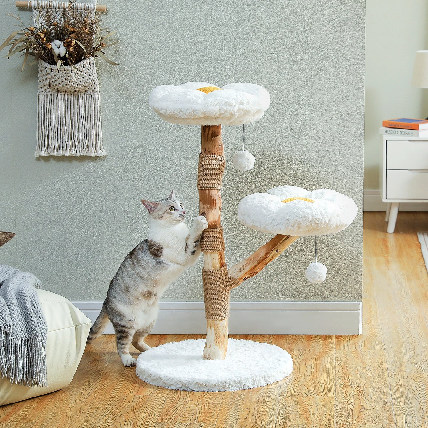 Flower Cat Tree for Indoor Cats ,  Modern Wood Cat Tower with 2 Perches , Sisal Scratching Post Scraper for Cats