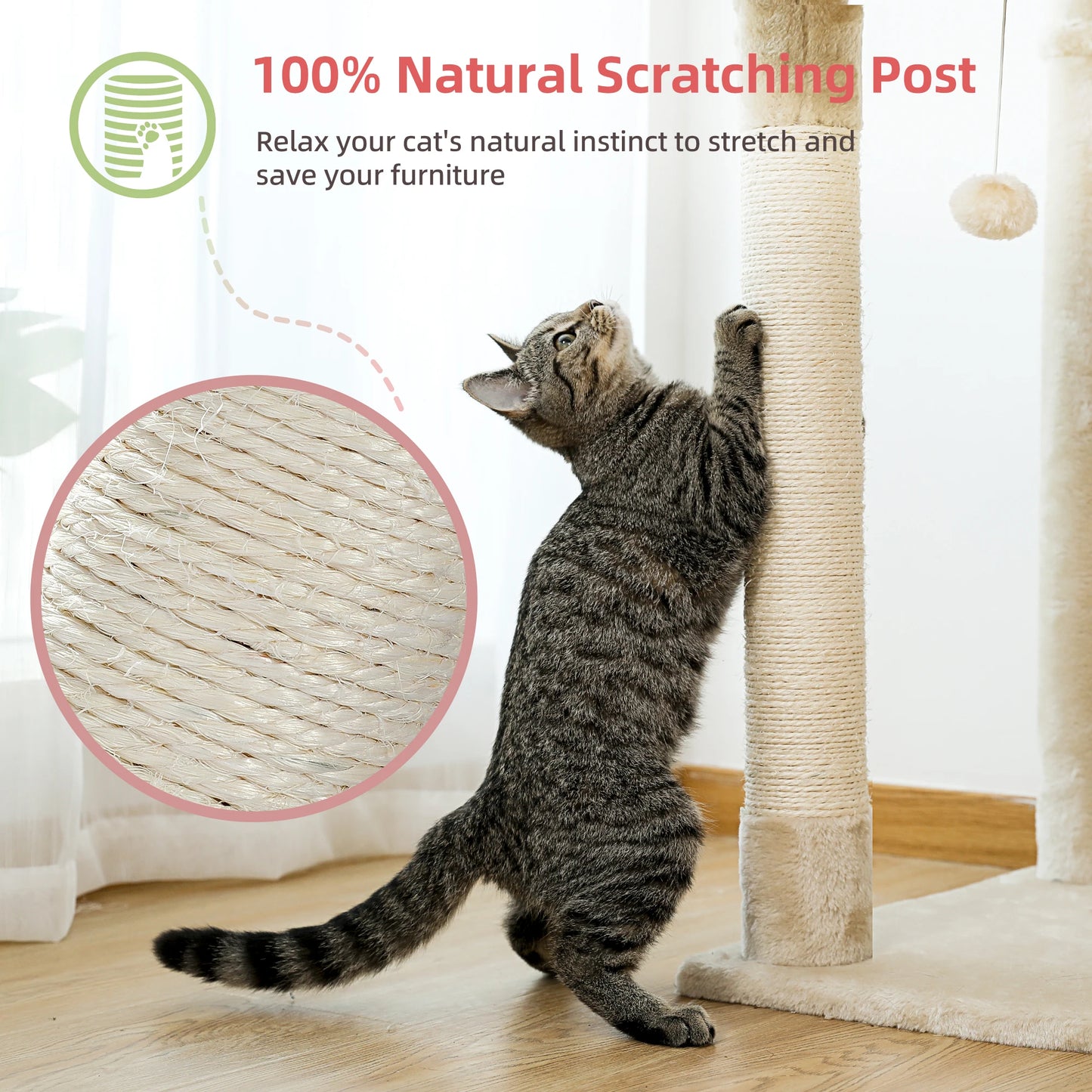Floor to Ceiling Cat Tree Adjustable, Cat Tower Tall Kitty Climbing Play House with Scratching Posts, Cozy Condo Perches, Hammock