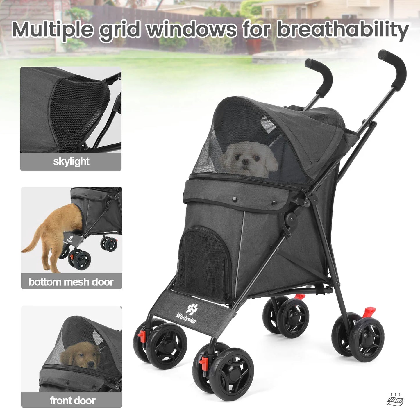 Wedyvko Pet Dog Stroller 4 Wheels, Puppy Stroller Rotate with Brakes Storage for Dogs Cats