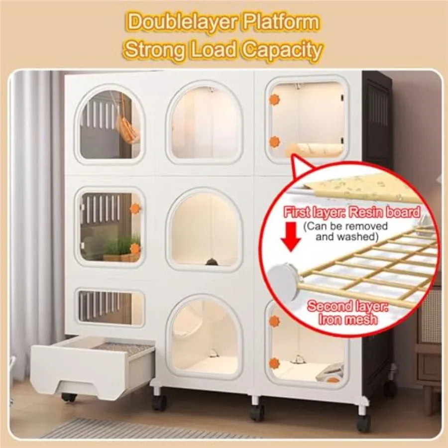 Large Cat Cage with Wheels for Balcony or Indoor Use, PVC Board Construction Easy to Clean Includes Litter Box Size B-71x46x110c