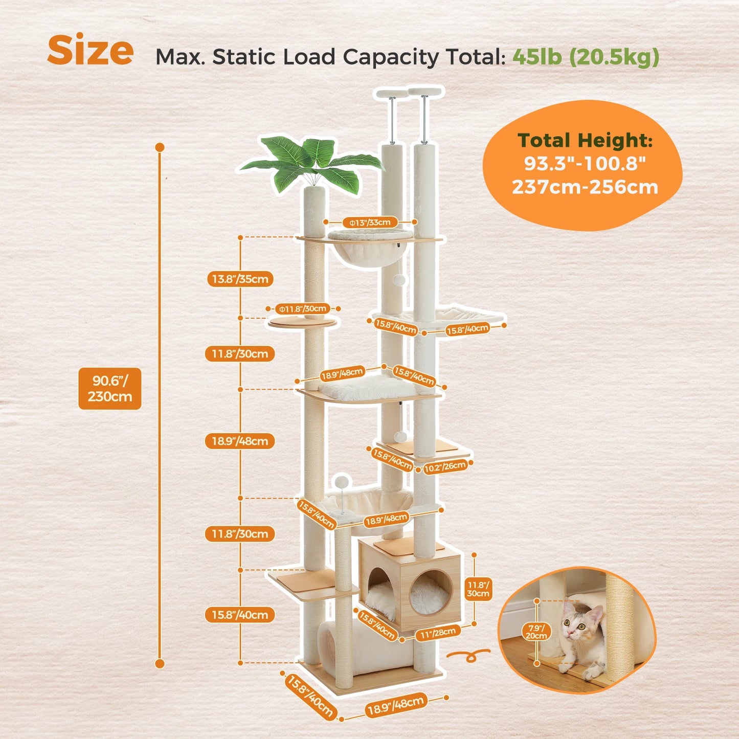 Height Adjustable Wooden Cat Tree with Large Hammock, Sisal Scratching Posts ,Floor to Ceiling Cat Tower ,Cozy Cat Condo for Indoor