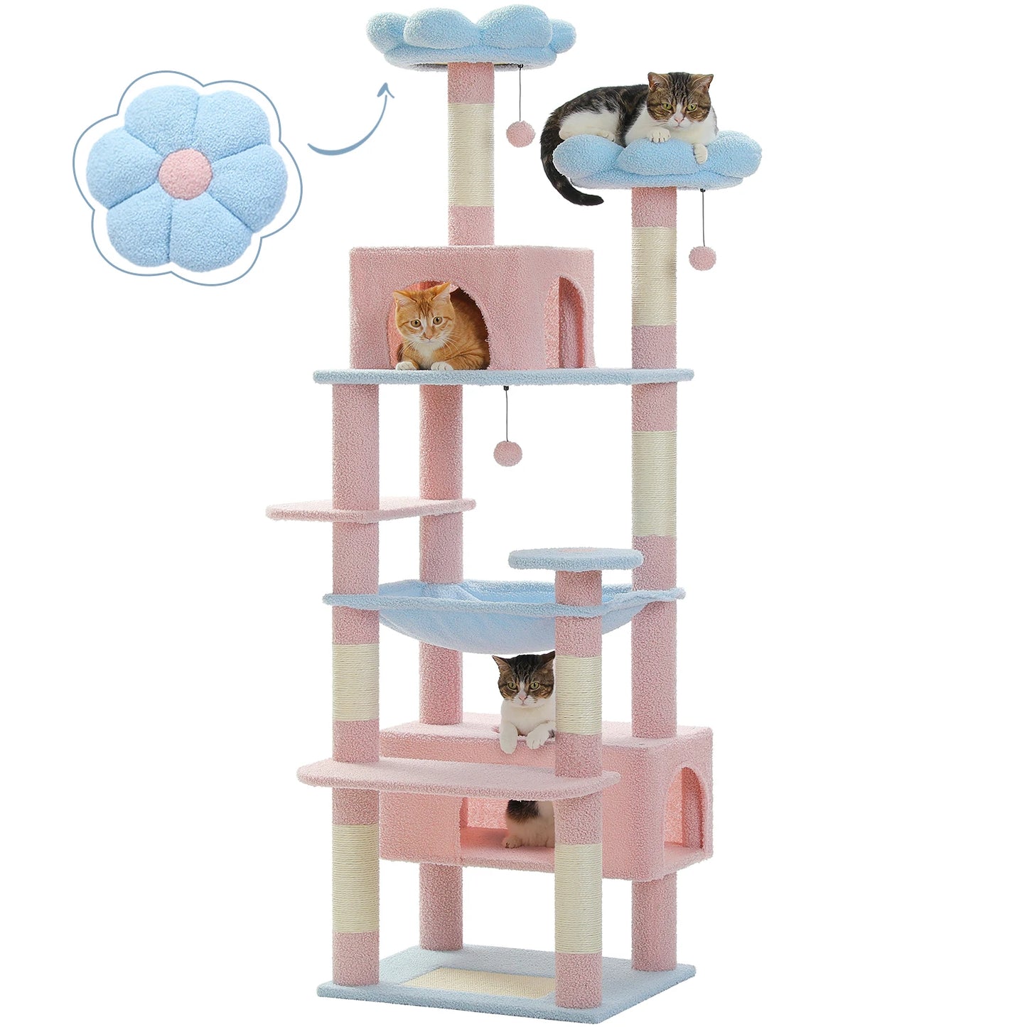 Multi-Level Cat Tree Tower with Scratching Posts &  Board , Hammock, Cat Condo, Spacious Top Perch,Dangling Balls for Indoor Cats