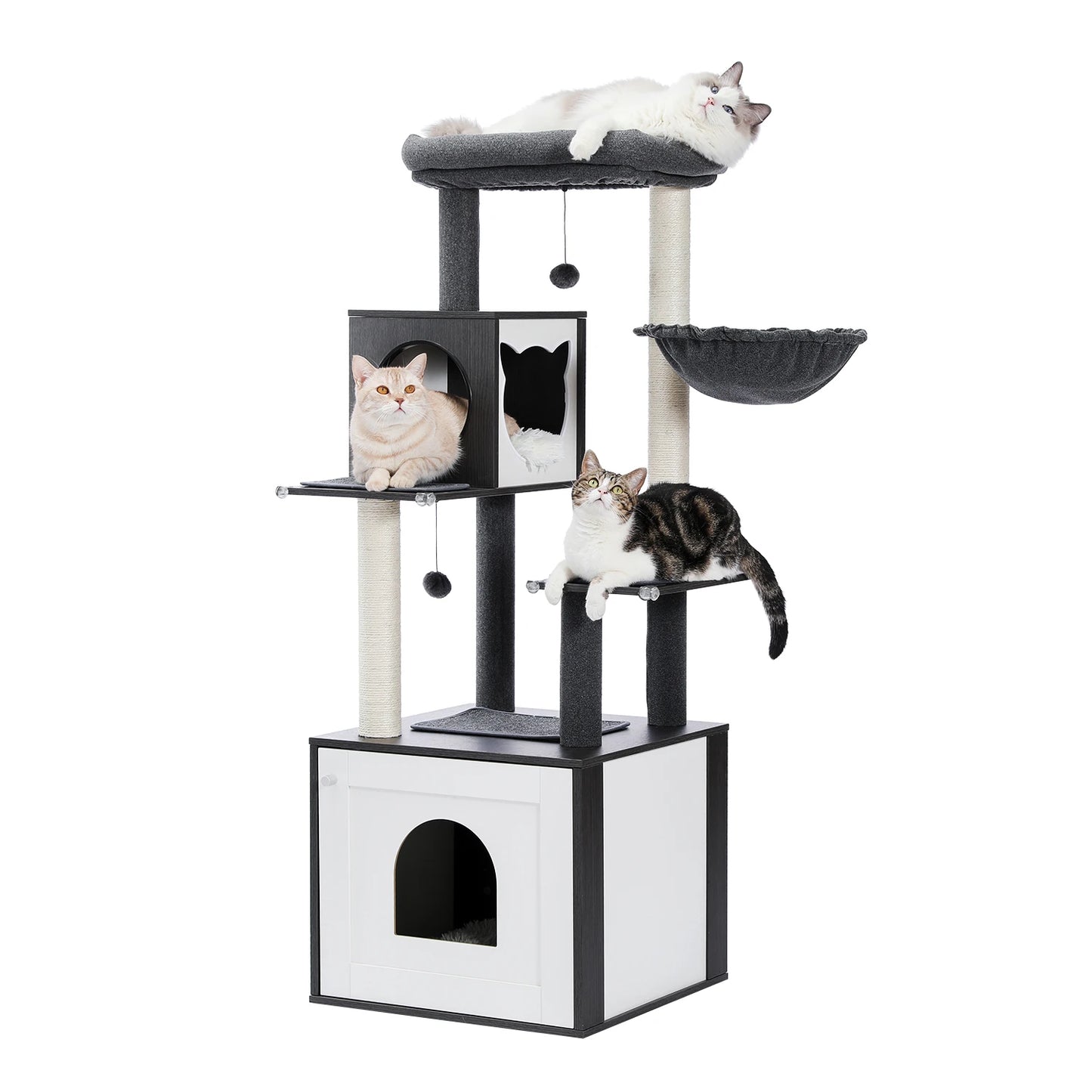 Multi-Level Cat Tree for Indoor Wood Cat , Tower with Scratching Posts Spacious Condo, Hammock Top Perch Cat Scratcher