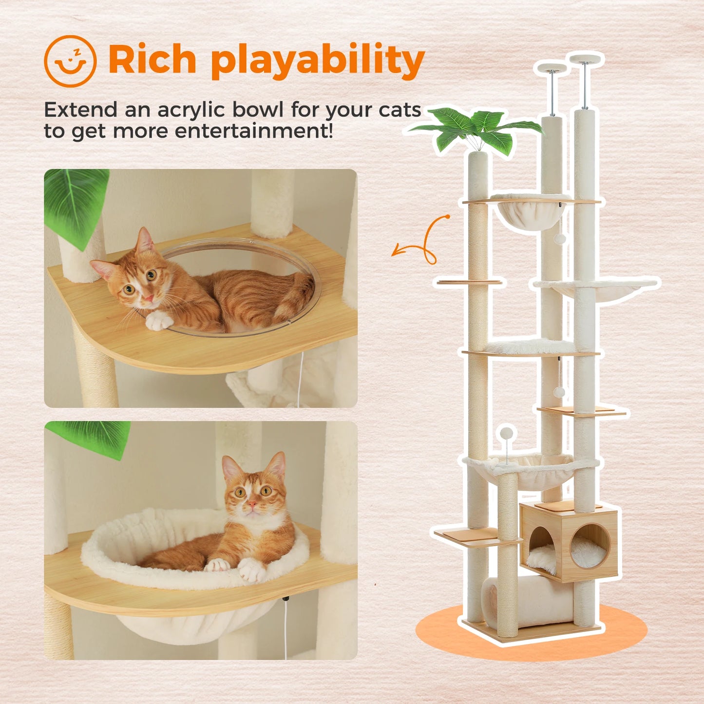 Height Adjustable Wooden Cat Tree with Large Hammock, Sisal Scratching Posts ,Floor to Ceiling Cat Tower ,Cozy Cat Condo for Indoor