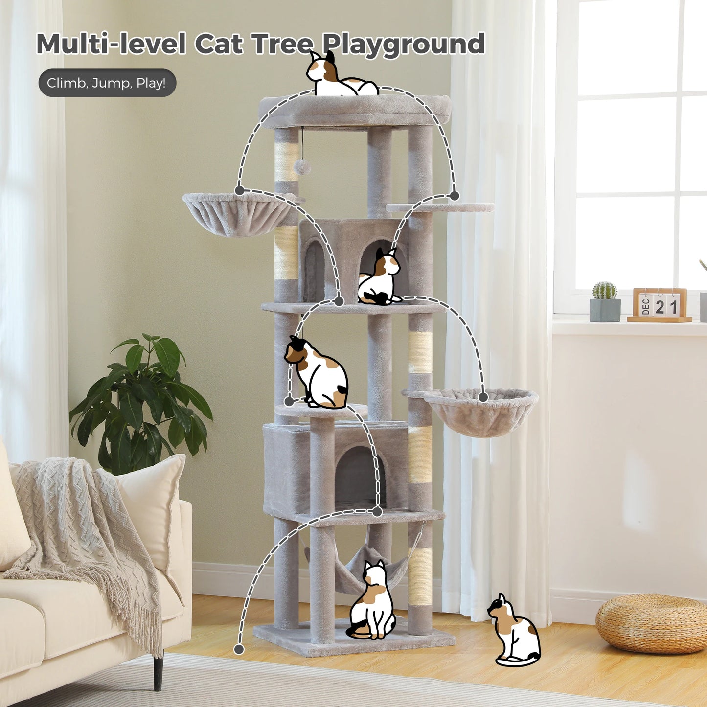 Tall Cat Tree with Scratching Posts Cozy Hammock Top Perch Multi-Level Large Cat Tower Spacious Cat Condo for Indoor Cat Toys