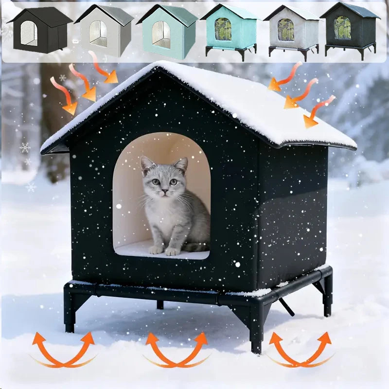 Large Outdoor Insulated Cat & Dog House -Winter Warm Elevated Shelter with Curtain Roof, Sturdy Zipper-Access Door & Stable Base