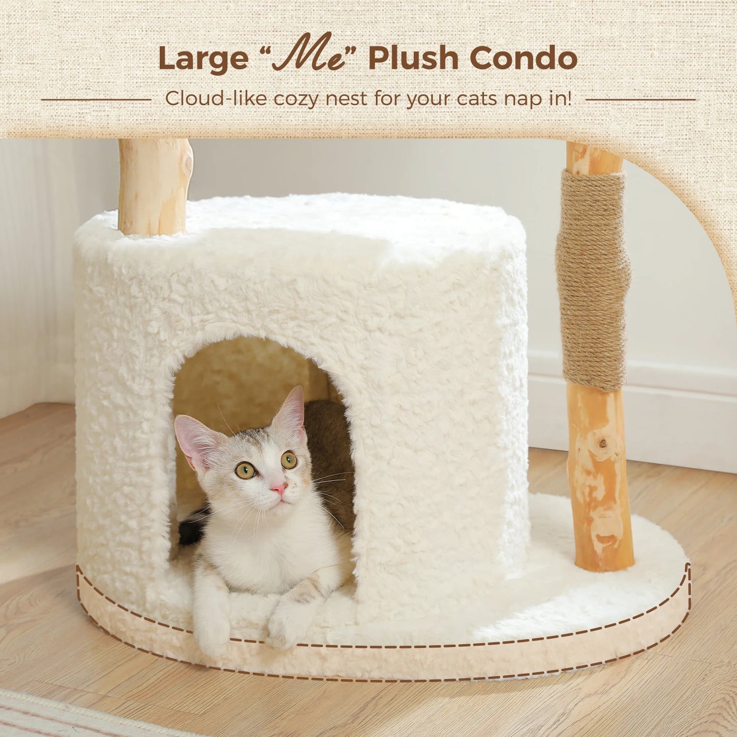 Solid Wood Cat Tree, Modern Cat Tower with Spacious Cat Condo, Flower Perches, Fun Pompom, Double Comfort Perfect for Indoor Kittens