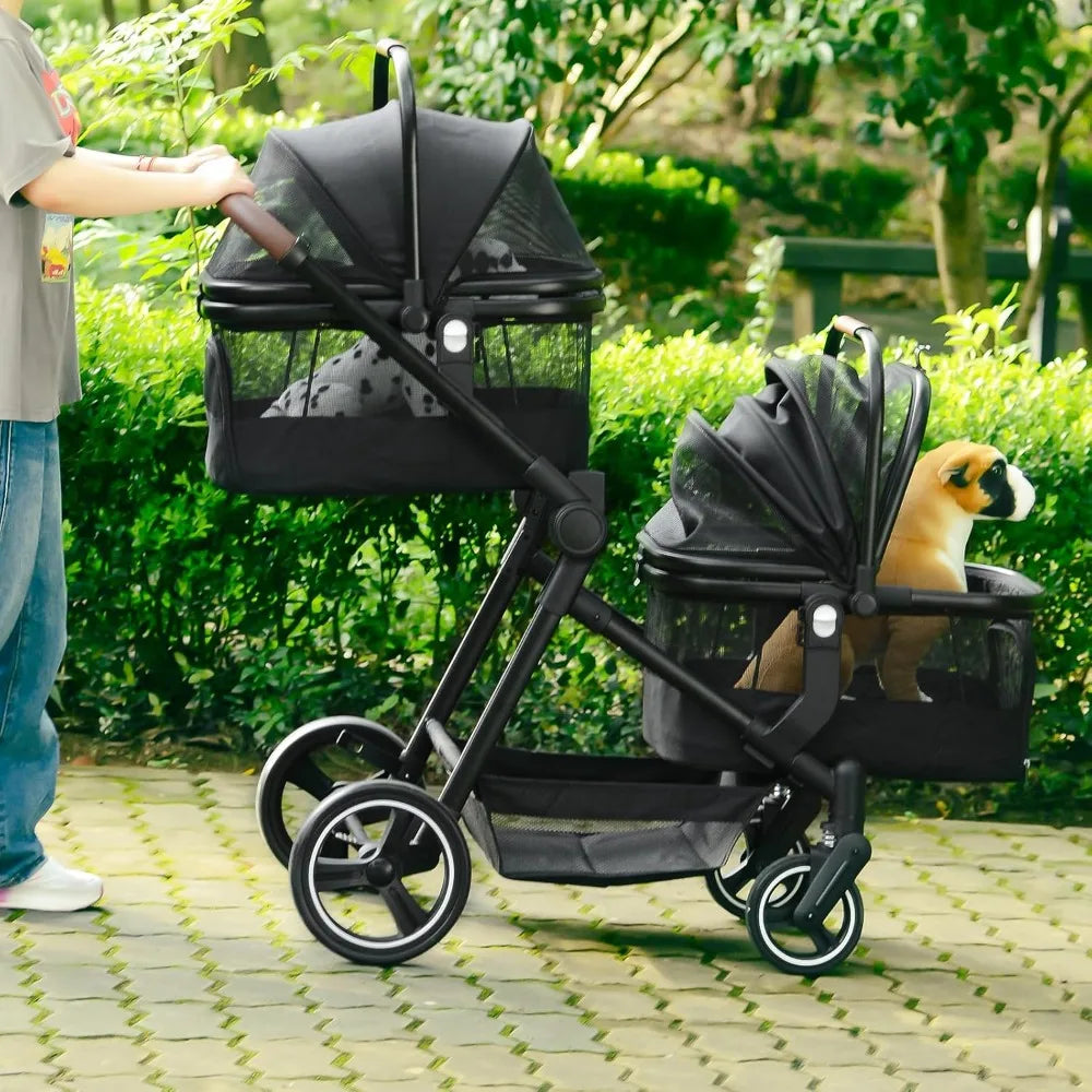 Foldable Double Pet Stroller for 2 Small Medium Cats Dogs, Lightweight Single and Double Integrated Pet Stroller