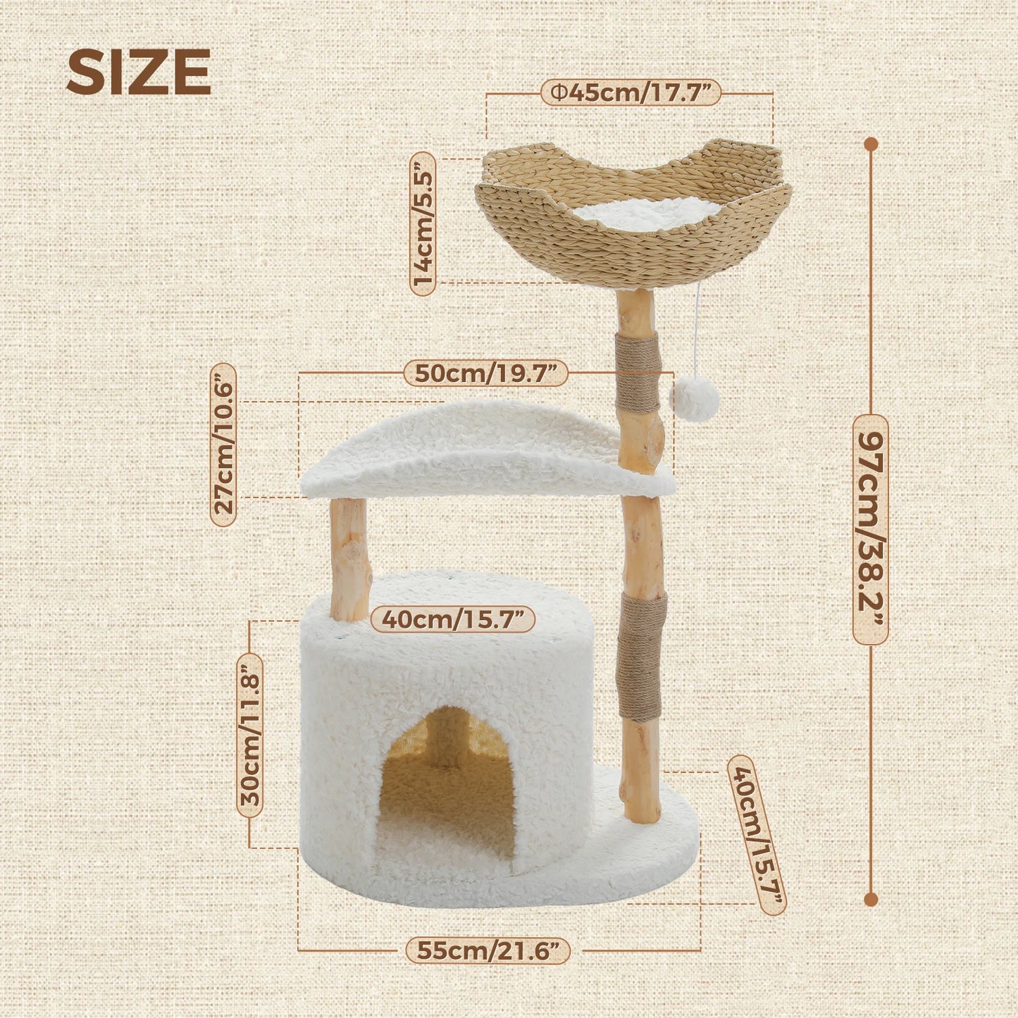 Solid Wood Cat Tree, Modern Cat Tower with Spacious Cat Condo, Flower Perches, Fun Pompom, Double Comfort Perfect for Indoor Kittens