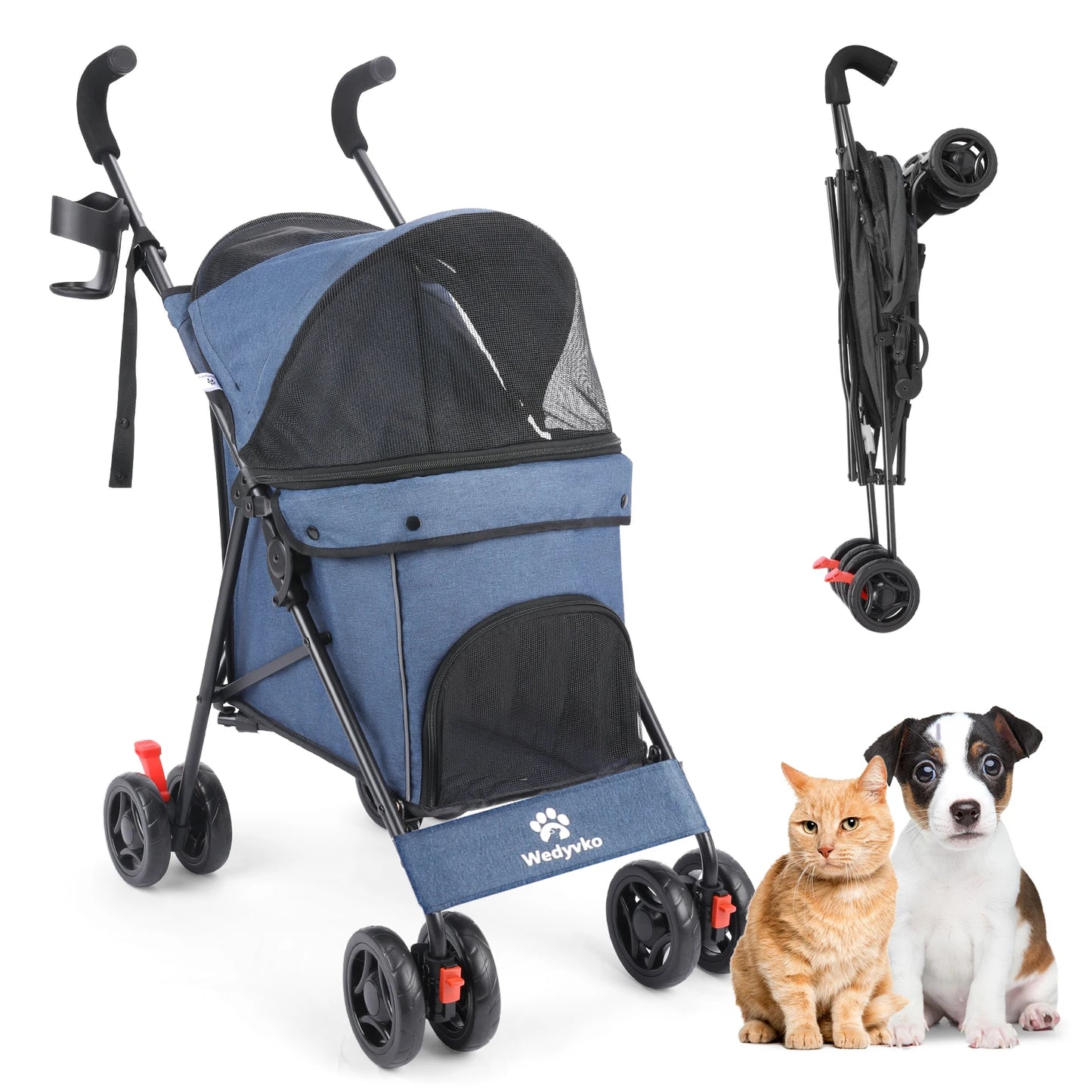 Wedyvko Pet Dog Stroller 4 Wheels, Puppy Stroller Rotate with Brakes Storage for Dogs Cats
