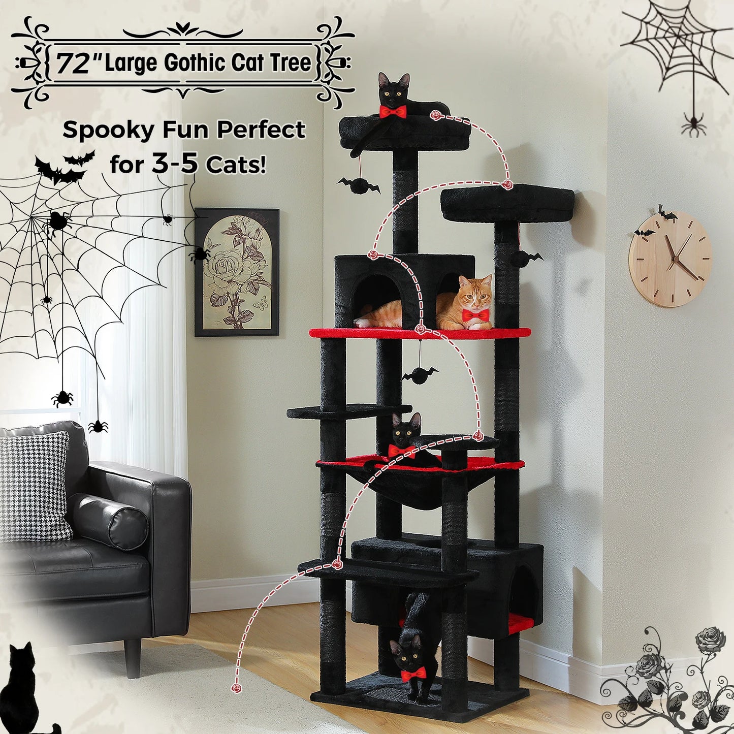 Multi-Level Cat Tree Tower with Scratching Posts &  Board , Hammock, Cat Condo, Spacious Top Perch,Dangling Balls for Indoor Cats