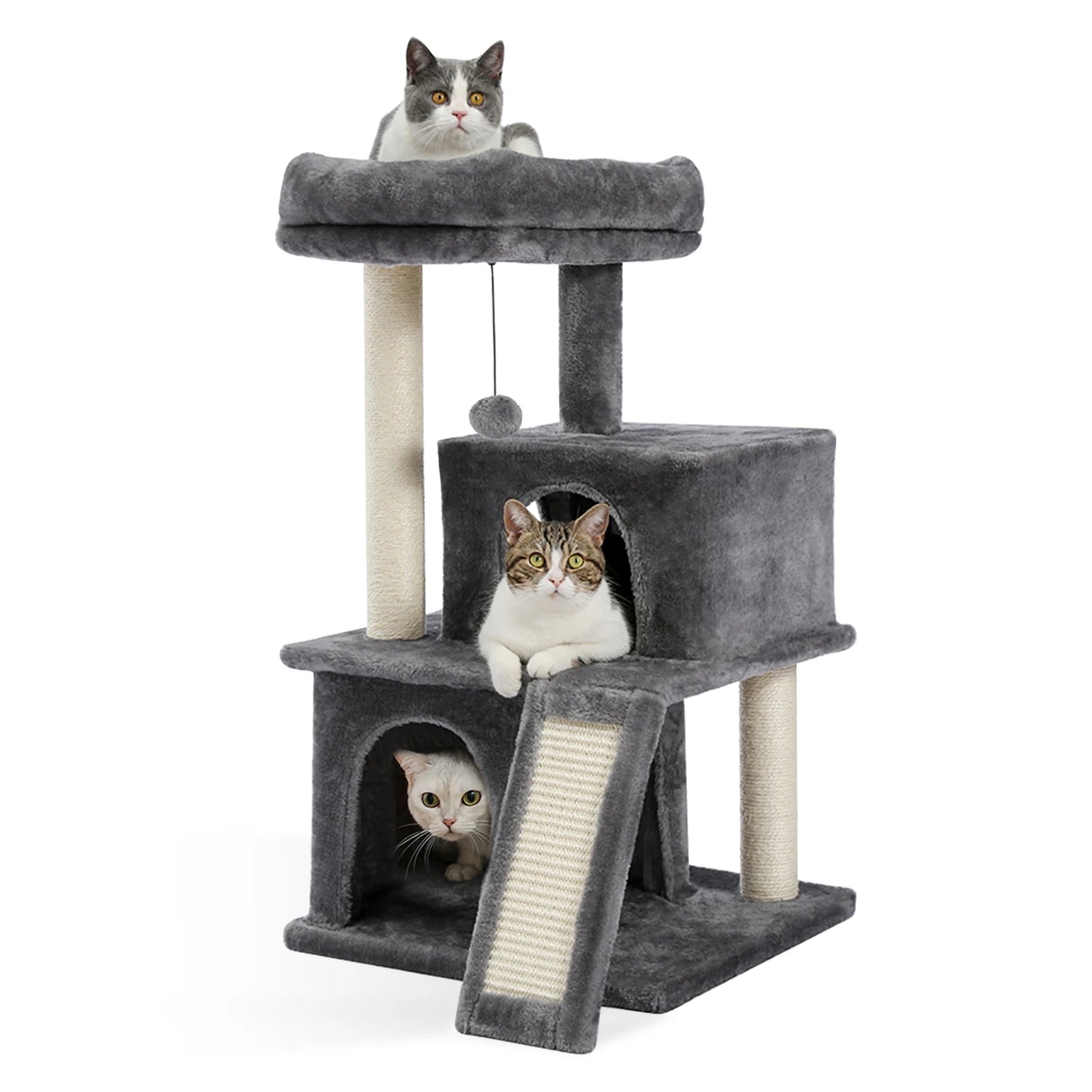 Small Cat Tree Tower with Scratching Pad, Two Large Condos, Cat Scratching Post for Indoor, Kitten House Bed, Cat Accessories