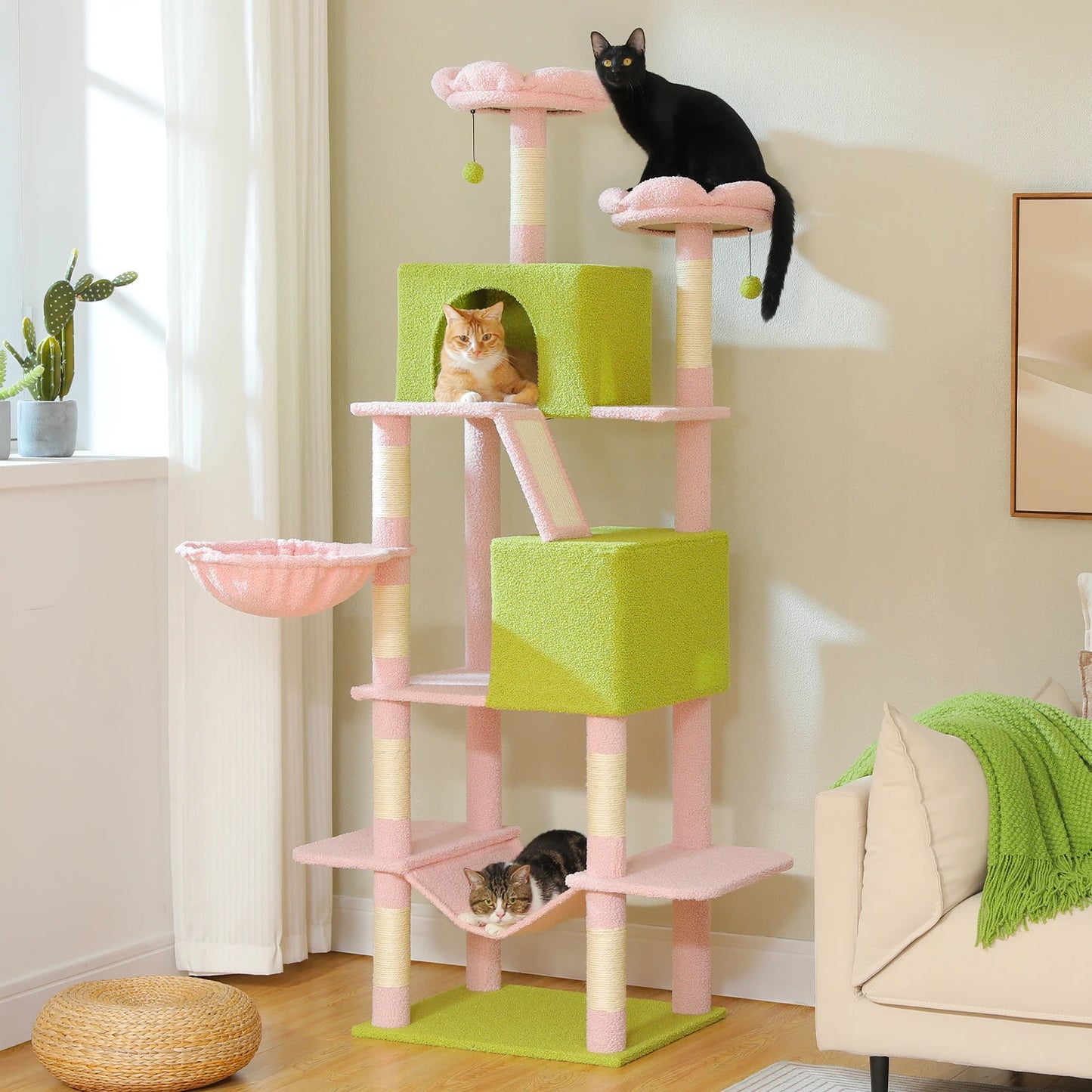 Tall Cat Tree with Scratching Posts Cozy Hammock Top Perch Multi-Level Large Cat Tower Spacious Cat Condo for Indoor Cat Toys